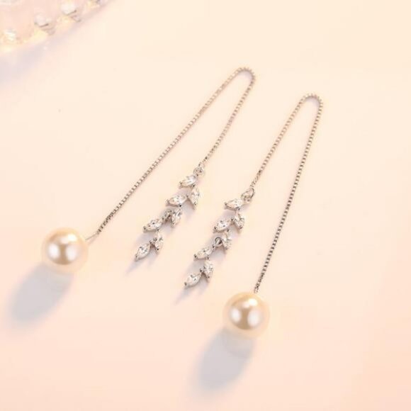 NEW Sterling Silver Pearl Diamond Leaf Earrings - Picture 2 of 7